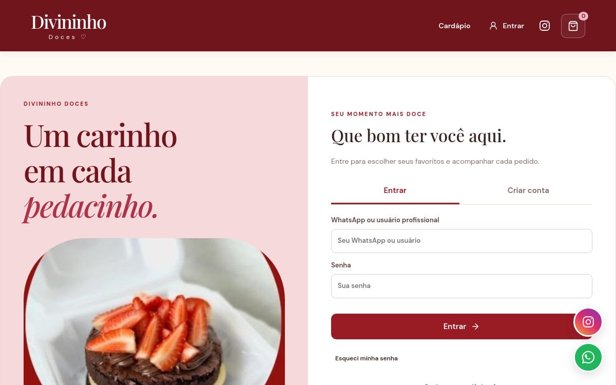 Tela inicial da loja Divininho Doces