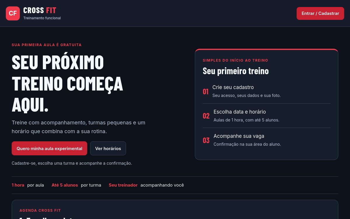Página principal do Cross Fit com treino funcional e grade de horários
