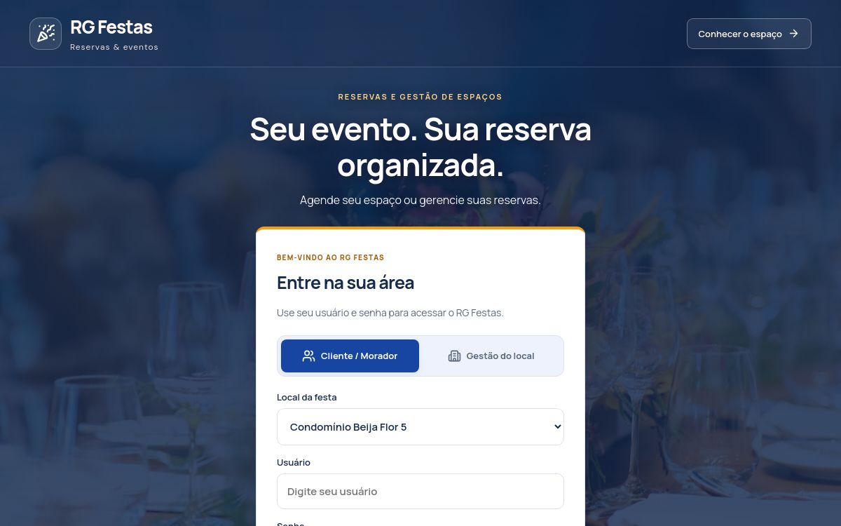 Tela inicial do RMV Festas para reservas e eventos