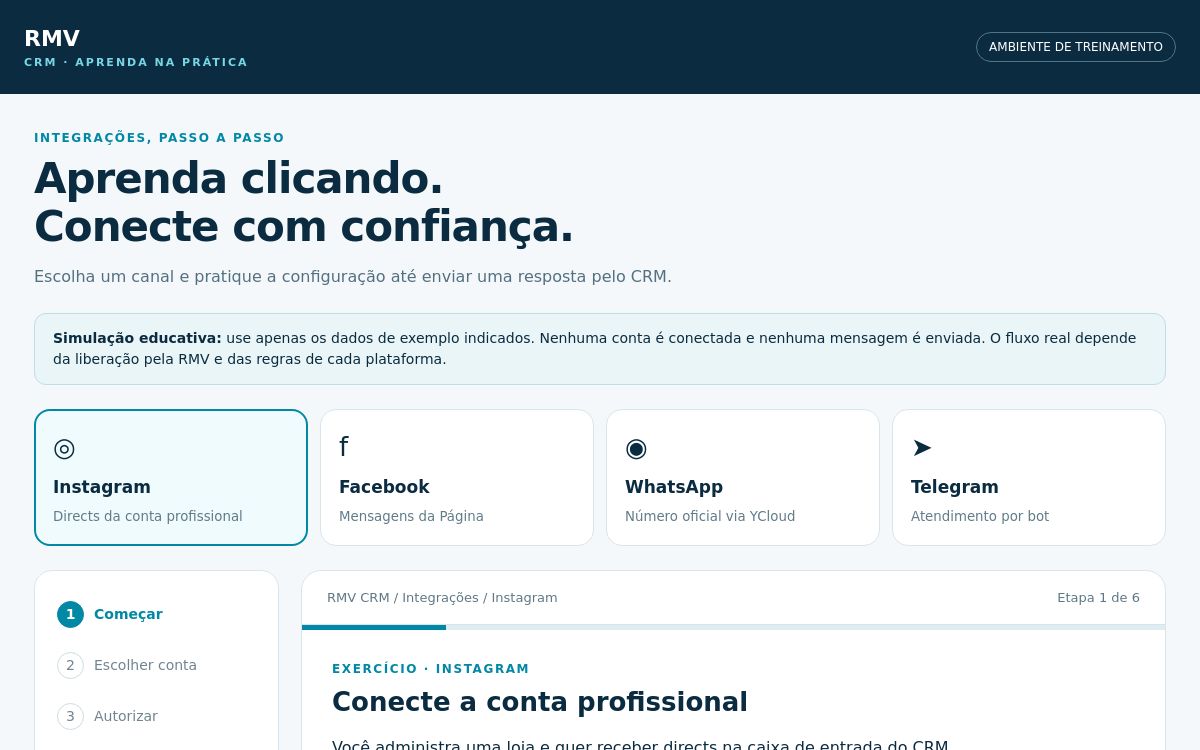 Tela do treinamento de integrações do RMV CRM