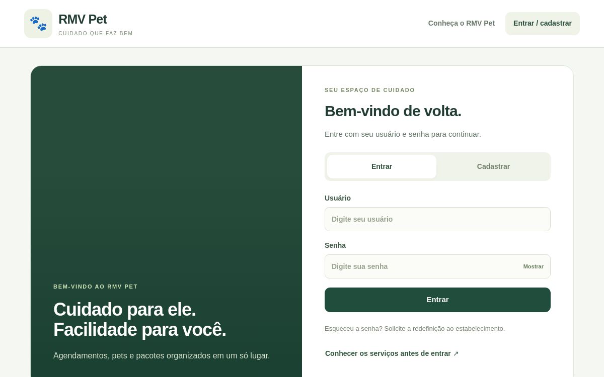Tela inicial do RMV Pet para banho, tosa e cuidados