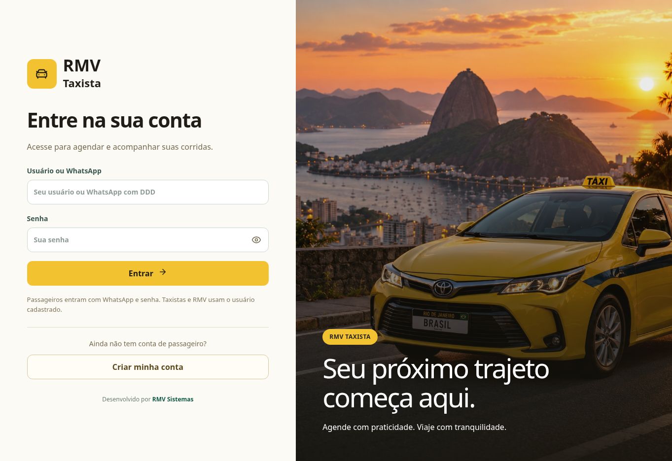 Novo login do RMV Taxista com táxi amarelo e paisagem do Rio de Janeiro