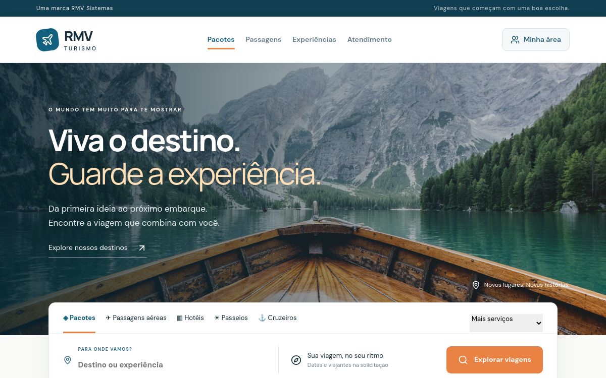 Tela inicial do RMV Turismo para viagens e experiências