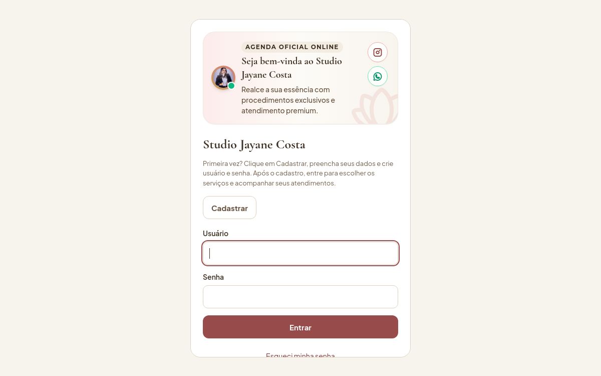 Tela de agendamento do Studio Jayane Costa